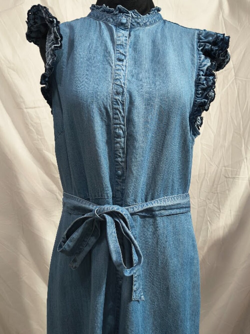 Nanette Lepore Blue Denim Ruffle Sleeve Belted Midi Dress Women's 10